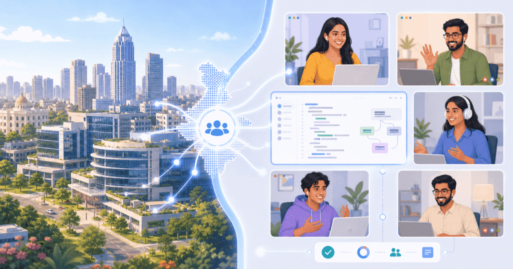 Remote engineering team Bangalore India collaborating on a video call with distributed developers