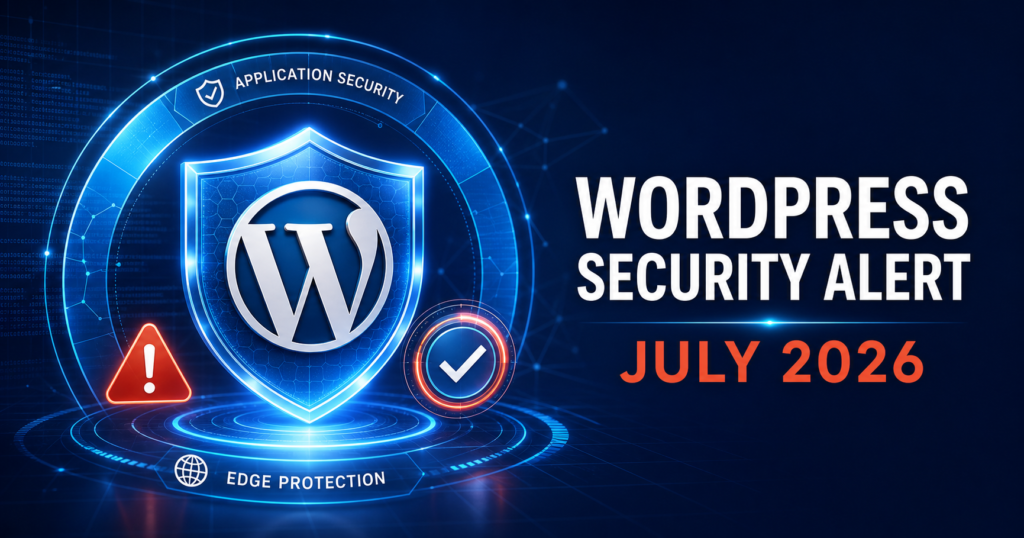 WordPress security shield with application and edge protection layers for the July 2026 wp2shell vulnerability alert
