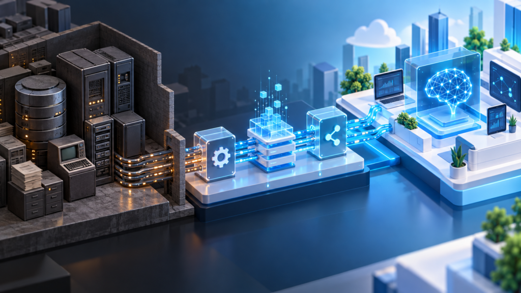 Bridge connecting a legacy enterprise system to modern AI applications