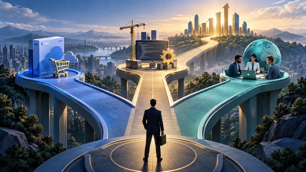 Three strategic paths representing buying, building, or partnering for AI software
