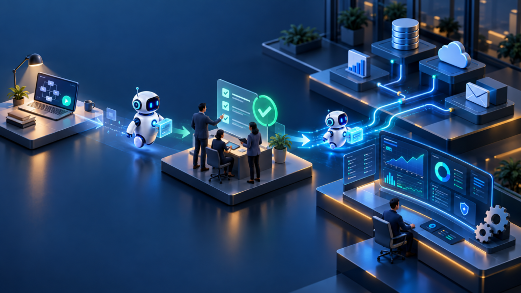 Enterprise AI agent moving from prototype to production with connected systems and monitoring